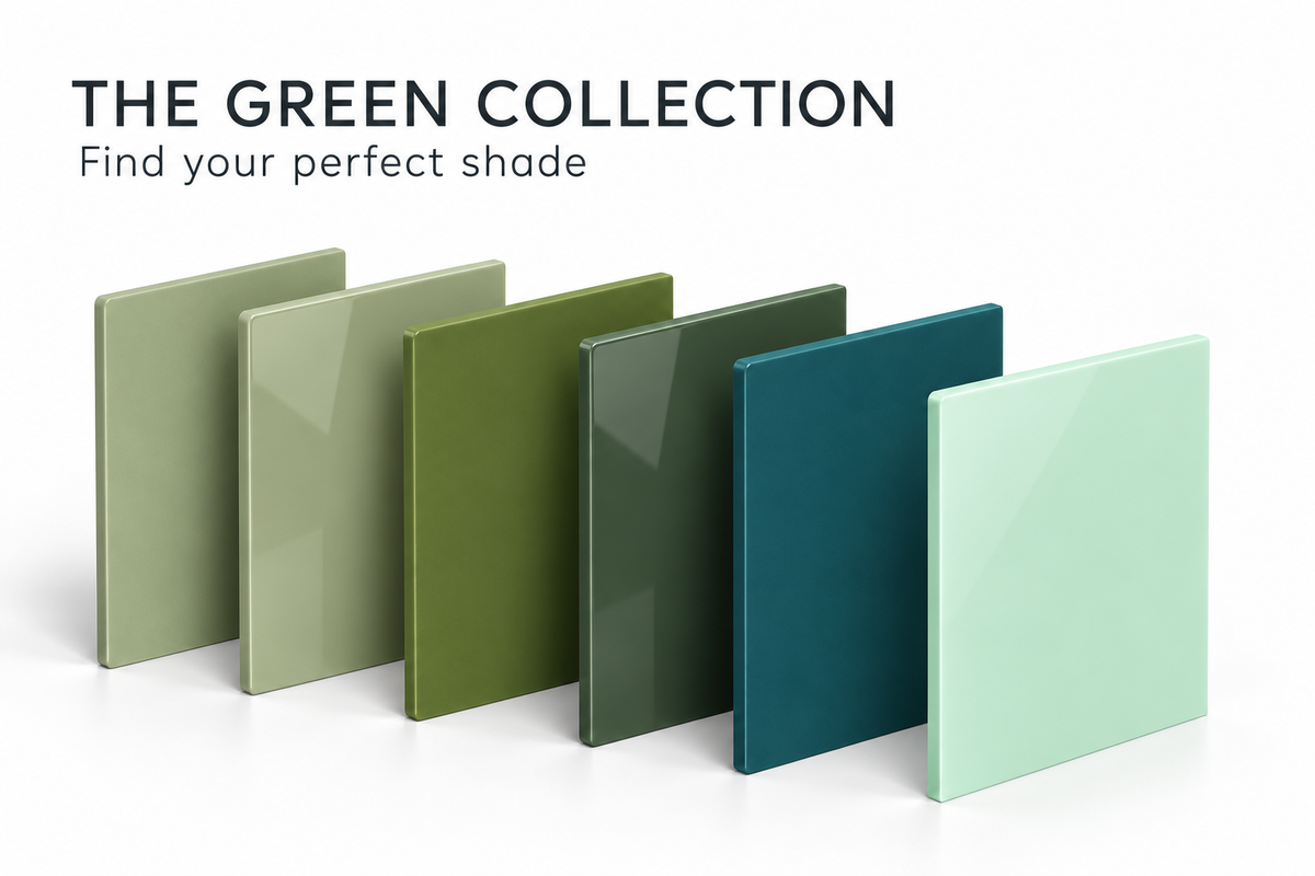 Green Perspex acrylic sheets in Sage, Olive, Moss, Emerald and Spearmint on a white background