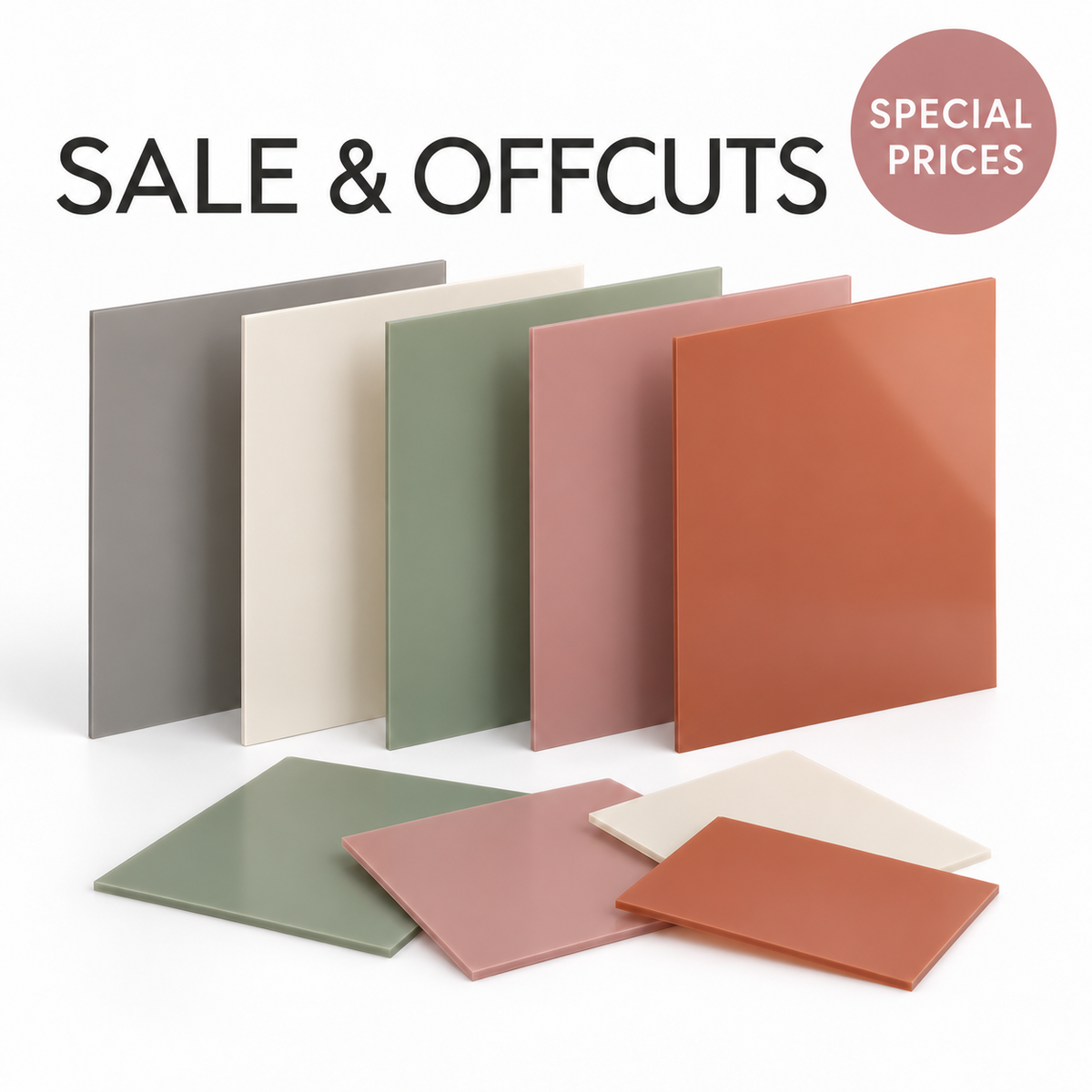 Coloured acrylic sheets and offcuts with Sale & Offcuts heading and Special Prices badge